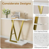 43.3" Gold Console Table, Modern Entryway Table with White Faux Marble Top & Metal Base, Narrow Sofa Table for Living Room, Hallway, Foyer PyroLog