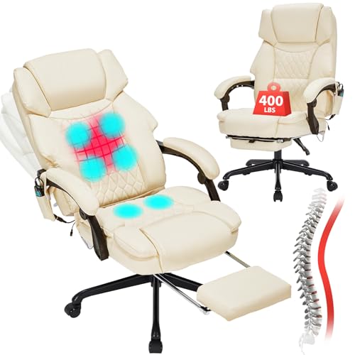 Massage Office Chair with Foot Rest 6 Points Vibration and Heat Home Office Desk Chairs for Heavy People 400lbs Reclining Managerial Chairs Ergonomic Executive Chair (Cream) HESL