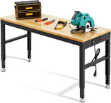 Hombanyan Heavy Duty Workbench, Solid Wood Working Bench Adjustable Height Rolling Work Tables with Power Outlets for Home Office, 1800 Lbs Capacity (Rubber Pad丨60 x22 丨Socket) Hombanyan