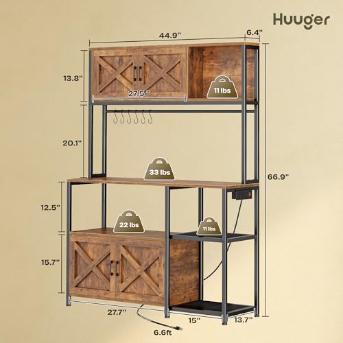 Huuger Large Bakers Rack with Power Outlet, Kitchen Microwave Stand with Cabinets, Coffee Bar Table Station with Storage, 6 S-Shaped Hooks, Mesh Shelves, 45 Inch Wooden Top, Rustic Brown