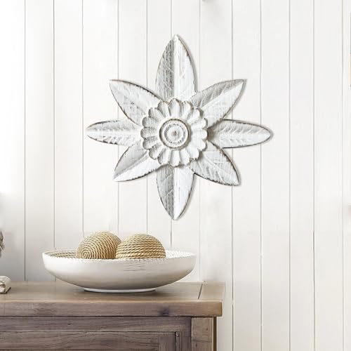 dwellintong White Wash Wood Flower Wall Art Decor, Farmhouse Rustic Modern Floral Sculpture, Carved Flower Wall Hanging Home Decoration for Kitchen Bedroom Living Room (8")