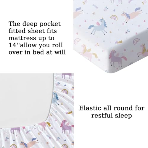 MUSOLEI Unicorn Fitted Sheet Set Full Unicorn Bedding Girls Rainbow Star Sheet Pink Flower Bedding Set Unicorns Girl Bed Sheets 1 Fitted Sheet with 2 Pillowcases Multi-Colour Full MUSOLEI