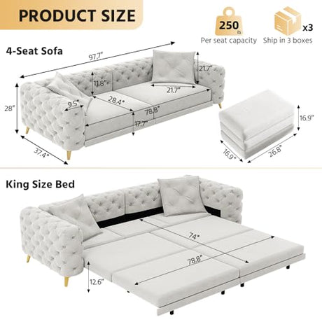 Tabaray 97.7'' Pull Out Sofa Bed King, Chesterfield Velvet Sleeper Sofa, Convertible L-Shaped Futon Couch, Tufted Back, Ottoman, Deep Seat Loveseat Couches for Living Room, Apartment, Light Gray Tabaray