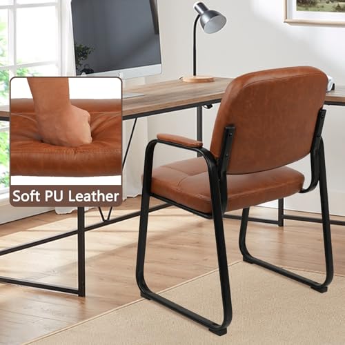 CLATINA Waiting Reception Chairs No Wheel, Leather Guest Chair with Padded Arms, Modern Brown Office Desk Chairs with Sled Base for Office Meeting Conference Room Lobby Home Living Room (4 Pack) CLATINA