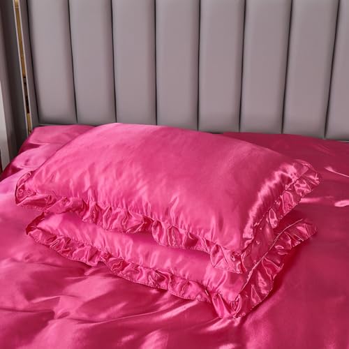 Silk Like Satin Bedding King Hot Pink Duvet Cover Set Soft Silky Ruffle Comforter Cover Sexy Hotel Silky Bedding Sets 1 Duvet Cover 2 Pillowcases (King, Hot Pink)… Bedding_Dreamer