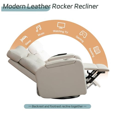 AEMEIOS Power Swivel Rocking Recliner with Massage & Heat, PU Leather Rocker Reclining with Type-C Port & Timing, Oversized Swivel Glider Recliner with Dual Storage Arms & Cup Holder, Light Grey AEMEIOS