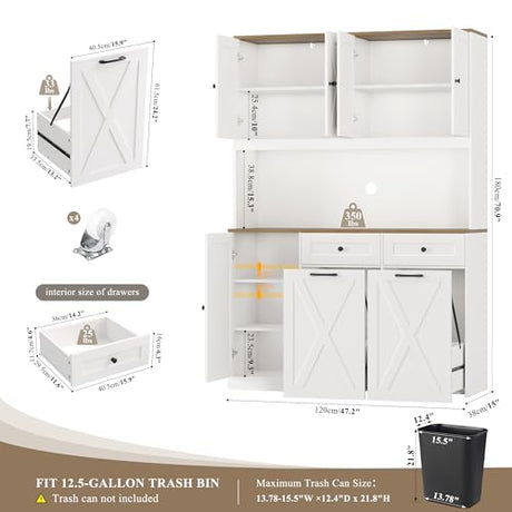 HOSTACK 71"H Kitchen Trash Can Cabinet, 12.5 Gallon Double Pull Out Garbage Can Hutch Cabinet with Trash Bin Storage Holders, 47" Wide Kitchen Pantry with Hidden Garbage Storage for Dining Room, White HOSTACK
