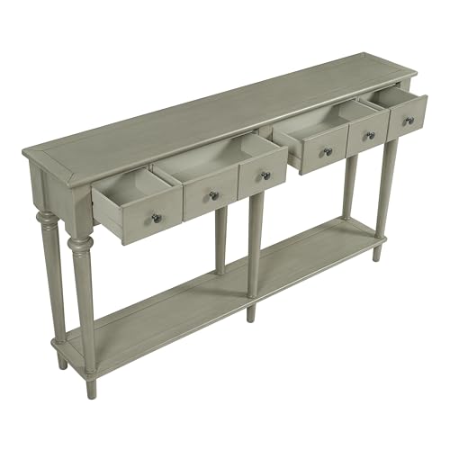 Knocbel Retro Console Table with 4 Drawers and Open Shelf, Vintage Sofa Tables with Slim Legs for Entryway Living Room 59.8" W x 11" D x 34" H Grey Wash Knocbel