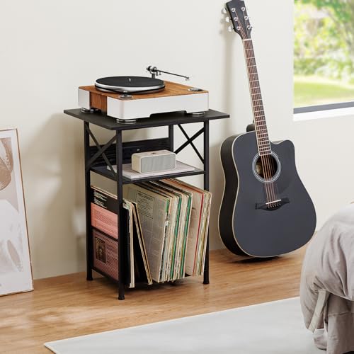 AMHANCIBLE Record Player Stand with Charging Station, Large Turntable Stand with Storage Cabinet, 3 Tier End Table Hold Up to 100 Albums, Record Stand for Vinyl, Living Room, Black, HETCD012BK-1 AMHANCIBLE