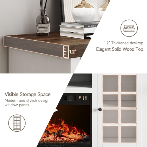 ONBRILL 59 Inch Fireplace TV Stand, Entertainment Center with 23 Inch Electric Fireplace, TV Table for TVs up to 65 Inches, Media Console Cabinet with Storage and Glass Doors for Living Room, White ONBRILL