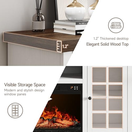 ONBRILL 59 Inch Fireplace TV Stand, Entertainment Center with 23 Inch Electric Fireplace, TV Table for TVs up to 65 Inches, Media Console Cabinet with Storage and Glass Doors for Living Room, White ONBRILL