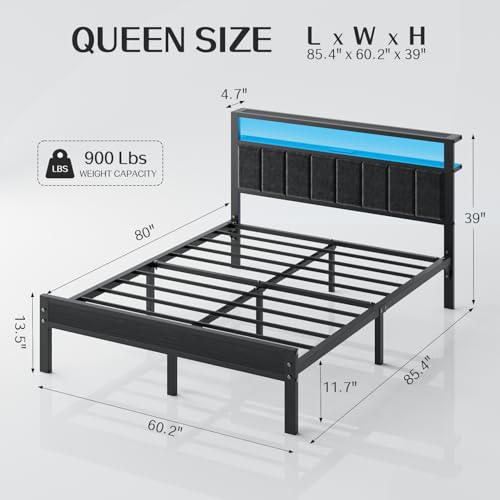 OLEVS Queen Size Bed Frame with LED Lights & Charging Station, Modern Platform Bed with 2-Tier Storage Headboard, No Box Spring Needed, Noise Free OLEVS