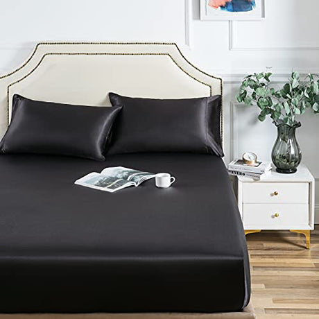 Satin Fitted Sheet, Full Fitted Sheet Only, 1 - Piece Ultra Soft Deep Pocket Single Silk Bottom Bed Sheet Full - Black Luxbedding