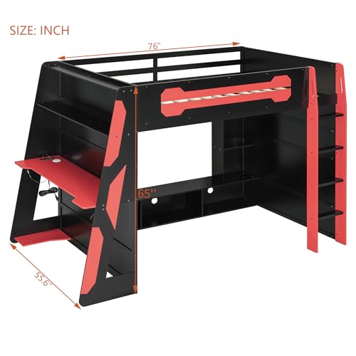 HZXINKEDZSW Full Size Wood Gaming Loft Bed with Desk, Multi-Storage Shelves and Light Strip, Modern Esports Style Bed Frame for Boys Girls Teens Bedroom Apartment Dormitory (Black+Red, Full) HZXINKEDZSW