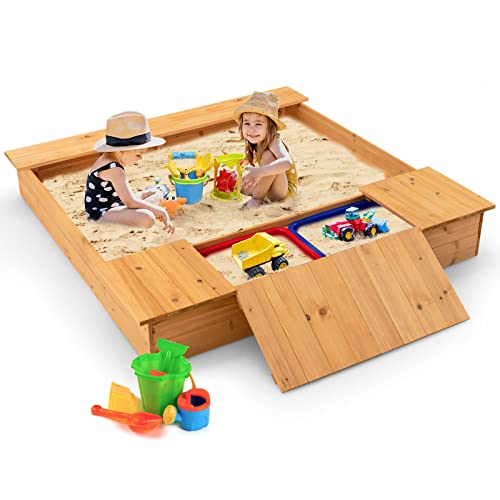 HONEY JOY Kids Sandbox, 49”x47” Cedar Wooden Sand Pit for Toddlers, 2 Side Removable Boxes, Convertible Bench Seat, Outdoor Sand Boxes for Kids Backyard, Gift for Boys Girls Age 3+ HONEY JOY