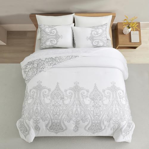 Sunshine Nicole Reversible Comforter Set, Brushed Microfiber Fabric with Embroidery for Front and Printed Microfiber Fabric for Reverse, 3 Pieces Grey White King Sunshine Nicole