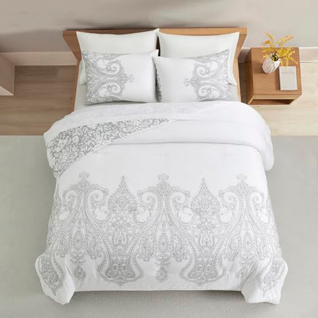 Sunshine Nicole Reversible Comforter Set, Brushed Microfiber Fabric with Embroidery for Front and Printed Microfiber Fabric for Reverse, 3 Pieces Grey White King Sunshine Nicole