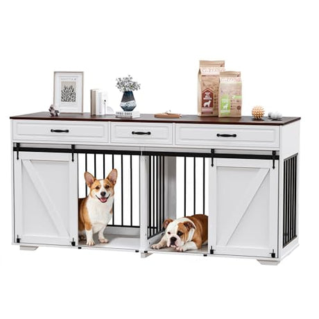 Zamildon's 71 in Dog Crate Furniture for 1 or 2 Dogs, Large Double Dog Cage with 3 Storage Drawers and Removable Divider, Dog Kennel Indoor As TV Stand with Sliding Barn Door Zamildon's