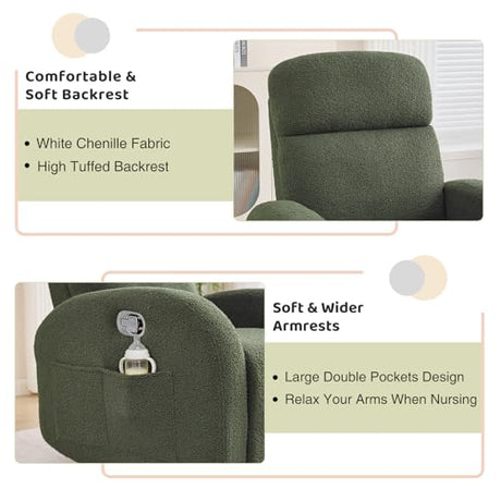 AEMEIOS Nursery Glider Recliner, Boucle Nursery Rocking Chair Recliner, Manual Nursery Glider Recliner with Double Pockets and Lumbar Support for Adult, Teddy Green AEMEIOS