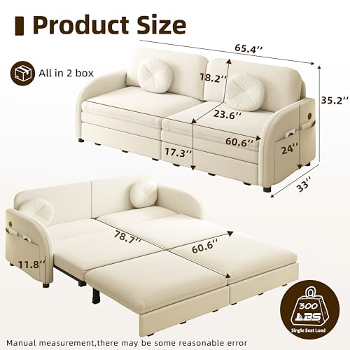 LuxyHoom 65.4'' Pull Out Couch Bed Queen Size, Chenille Sleeper Sofa Daybed, 3 in 1 Convertible Couches, Futon Sofa with 2 Pillows, Storage Pockets, USB, Loveseat for Small Spaces, Living Room, Beige LuxyHoom