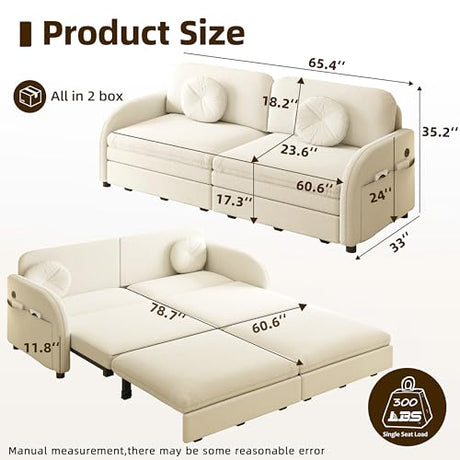 LuxyHoom 65.4'' Pull Out Couch Bed Queen Size, Chenille Sleeper Sofa Daybed, 3 in 1 Convertible Couches, Futon Sofa with 2 Pillows, Storage Pockets, USB, Loveseat for Small Spaces, Living Room, Beige LuxyHoom