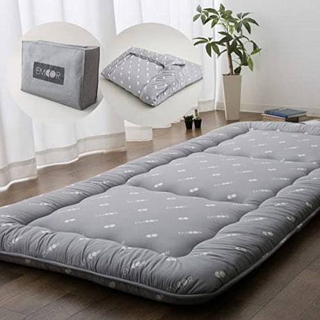 EMOOR Japanese Floor Futon Set (Mattress, Cover & Storage Case) -Kyoto- Full Size (55x80in) Gray, Sleeping Mat Tatami Bed Pad EMOOR