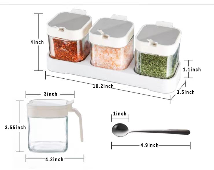 Mlici 8.6 oz Condiments Container Seasoning Jars, Kitchen Spicy Jars with Lids and Spoons, Tea Coffee Sugar Canisters Glass Spice Box, Set of 3, White