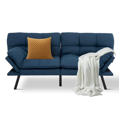 MUUEGM Futon Sofa Bed Convertible Couch,Memory Foam Futon Sofa Couch,Sleeper Futons Sofa Couches,Small Splitback Modern Loveseat Sofa Bed for Living Room,Office,Apartment,Linen Fabric,Blue. MUUEGM