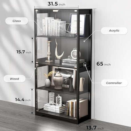 BROTTAR Display Cabinet with Glass Doors, 4-Tier Curio Cabinet&Bookcase with 3 Color Light for Collectibles, Toys, Books, Glass Storage Cabinet, Black BROTTAR