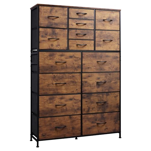 WLIVE 16 Drawers Dresser, Tall Dresser for Bedroom, Closet, Hallway, Storage Dresser Organizer unit, Large Dressers & Chests of Drawers with Fabric Bins, Rustic Brown Wood Grain Print - WoodArtSupply