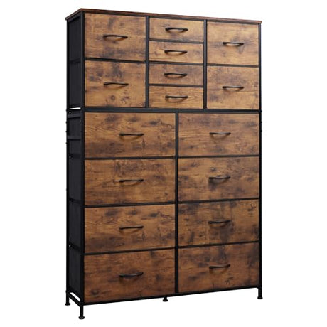 WLIVE 16 Drawers Dresser, Tall Dresser for Bedroom, Closet, Hallway, Storage Dresser Organizer unit, Large Dressers & Chests of Drawers with Fabric Bins, Rustic Brown Wood Grain Print WLIVE