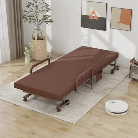KOMFOTT Folding Rollaway Bed with Mattress for Adults, Portable Guest Bed with 6 Positions Adjustable Backrest, Foldable Reinforced Steel Frame Rolling Bed with Side Storage Pocket KOMFOTT