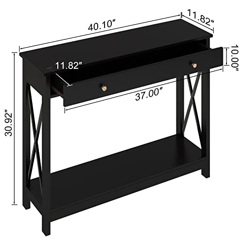 Treocho Black Console Table with Drawer and Storage Shelves, Foyer Sofa Table Narrow for Entryway, Living Room, Hallway - WoodArtSupply