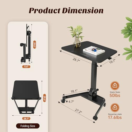 JYLH JOYSEEKER Foldable Mobile Standing Desk, Pneumatic Height Adjustable Rolling Sit Stand Desk, 90° Tiltable Portable Laptop Cart on Wheels, Mobile Desk Workstation for Home Office, Easy to Fold JYLH JOYSEEKER