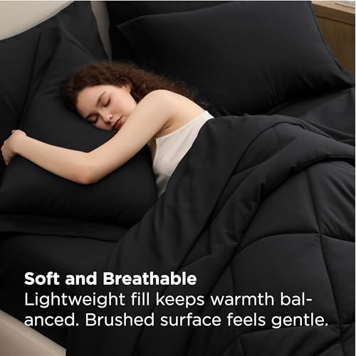 Bedsure Premium Series 7 Piece Black Queen Comforter Set, Goose Down Alternative, All Season Medium Warmth, Soft Hotel Luxury Bed in a Bag, Safe for Sensitive Skin, Includes Sheets Pillowcases Shams Bedsure