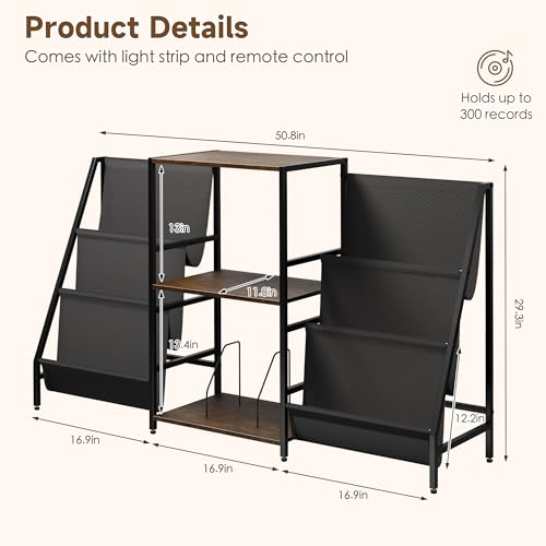 ZIFTY Record Player Stand Vinyl Storage with 6-Tier Display Holder LED Light Turntable Stand for 300 Albums Media Shelf Cabinet Stereo Cabinet Console for Vinyl Enthusiast Livingroom, Bedroom ZIFTY