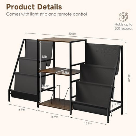 ZIFTY Record Player Stand Vinyl Storage with 6-Tier Display Holder LED Light Turntable Stand for 300 Albums Media Shelf Cabinet Stereo Cabinet Console for Vinyl Enthusiast Livingroom, Bedroom ZIFTY