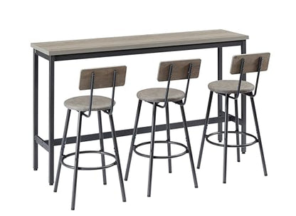 Elevon Grey Industrial Long Bar Table Set with 3 PU Upholstered Stools - WoodArtSupply