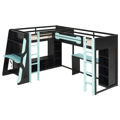 MERITLINE Twin Size L-Shaped Loft Bed with USB Ports and Desk for Boys, Gaming Loft Bed with LED Lights, Storage Shelves and TV Stand for Teens Adults, Reversible Layout, No Box Spring Needed, Blue MERITLINE