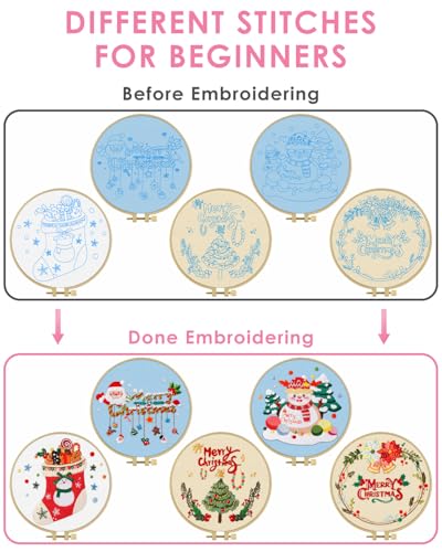 TINDTOP Christmas Embroidery Kit for Adult, 5 Pack Embroidery DIY Starter Kit, with Stamped Patterns, Hoop, Tools, Colorful Threads with Needles, Instructions TINDTOP