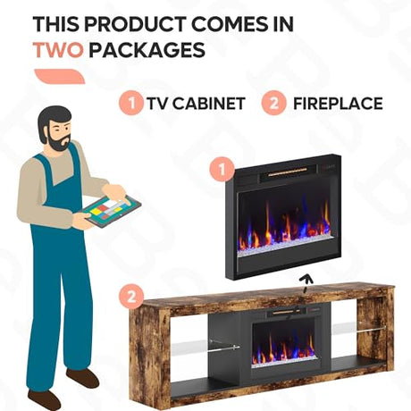 Bestier 70 Inch Fireplace TV Stand for TV up to 75", LED Entertainment Center with 23" Electric Fireplace Media Console Table for Living Room with Glass Shelves, Rustic Brown Bestier