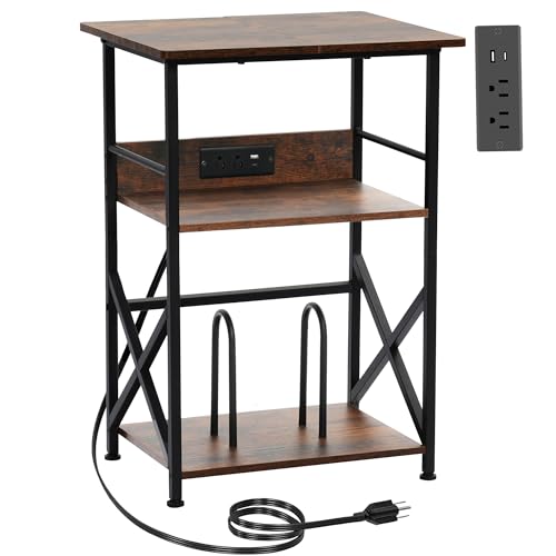 DALEMHOME Record Player Stand with Charging Station, 3-Tier Side Table for 100 Vinyl Storage, End Table for Living Room, Bedroom, Rustic Brown HKET1002BR DALEMHOME