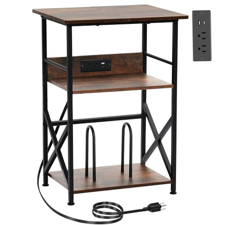 DALEMHOME Record Player Stand with Charging Station, 3-Tier Side Table for 100 Vinyl Storage, End Table for Living Room, Bedroom, Rustic Brown HKET1002BR DALEMHOME