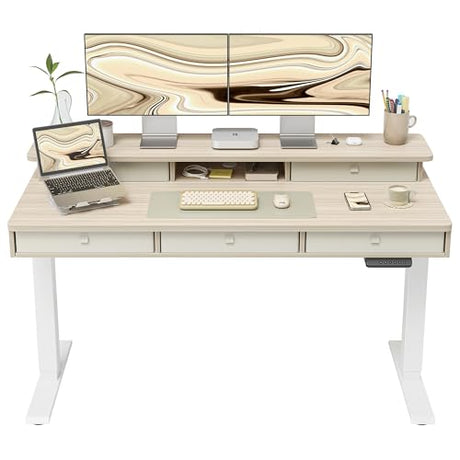 FEZIBO Height Adjustable Electric Standing Desk with 5 Drawers, 55 x 24 Inch Table with Storage Shelf, Sit Stand Desk White Frame/Light Walnut Top, 55 inch FEZIBO