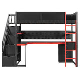 RUNNA Full Size Wooden Gaming Loft Bed with Storage Stairs, Desk, Shelves & Pegboard, Space-Saving Esports Style for Teens & Adults (Black+Red-3) RUNNA