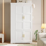 LIKIMIO Armoire Wardrobe Closet with Mirror, 70” Wooden Wardrobe Cabinet with 4 Doors, 2 Open Storage Shelves, Freestanding Bedroom Armoire with 3 Hooks & Hanging Rod for Home Room, White LIKIMIO