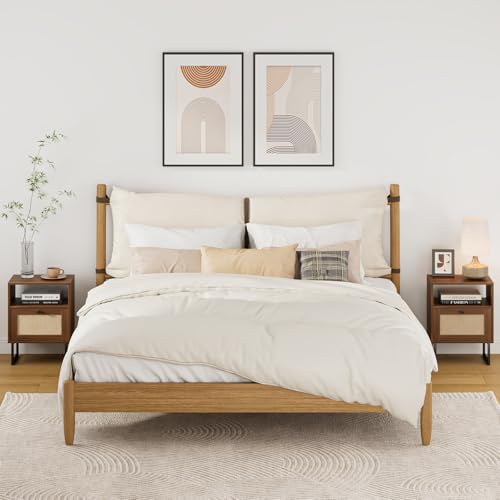 Apetaccat Rattan Nightstand, Boho Night Stand Farmhouse Wood Bedside Table with Storage and Open Shelf, End Side Accent Table for Bedroom,Living Room,Walnut Apetaccat