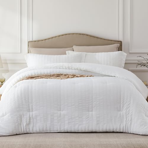 Quataly White Queen Comforter Set - 3 Pieces Seersucker Lightweight Bedding Comforter Sets (1 Soft Fluffy Comforter & 2 Pillowcases) - All Seasons Cozy Modern Bed Sets Quataly