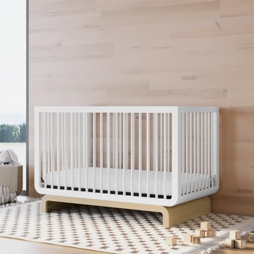 Storkcraft Santorini Deluxe 5-in-1 Convertible Crib with Bonus Toddler Guardrail (White with Driftwood) – GREENGUARD Gold Certified, Toddler Guardrail Included in Box, Fits Standard Crib Mattress