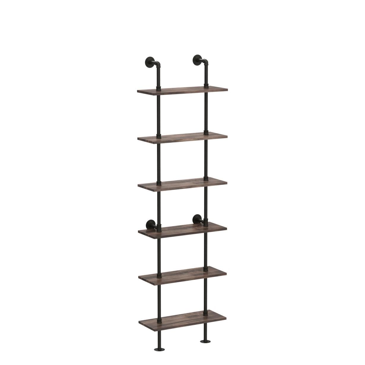 HOMBAZAAR Industrial 6-Tier Wall Mounted Bookshelf with Metal Frame in Oak Brown - WoodArtSupply